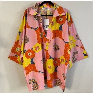 Zara Pink Floral Tunic with Yellow and Orange Accents